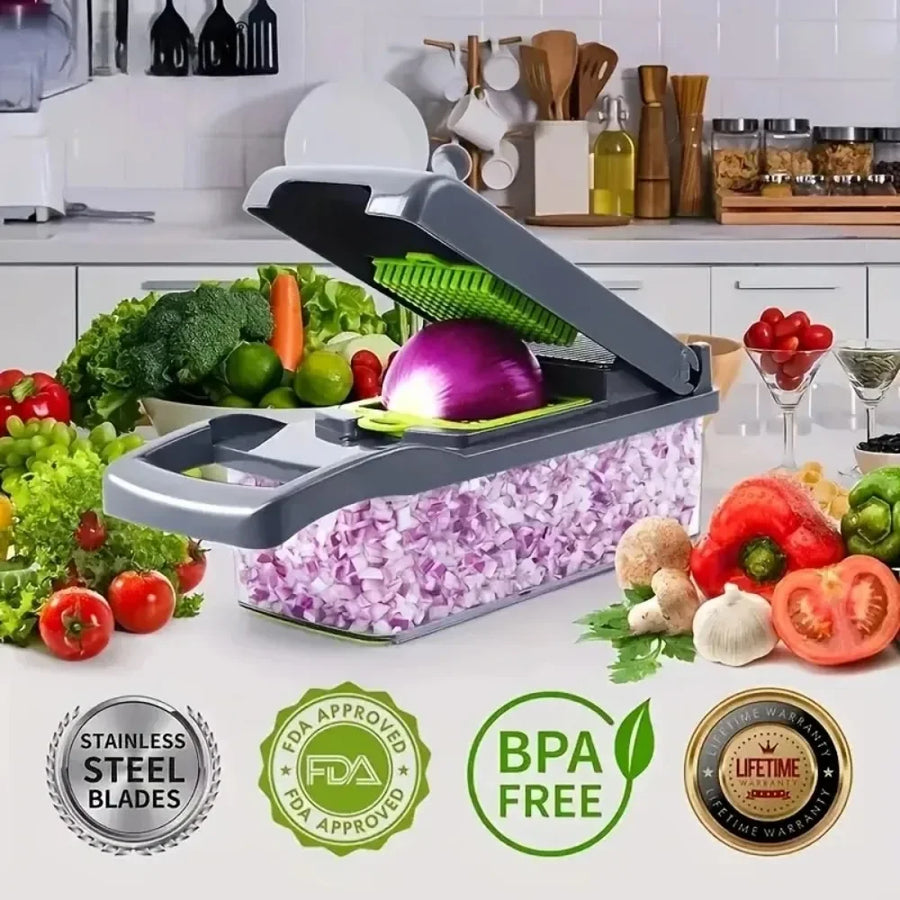 Multifunctional Vegetable Chopper & Slicer — 14-in-1 or 16-in-1, Stainless Steel Blades