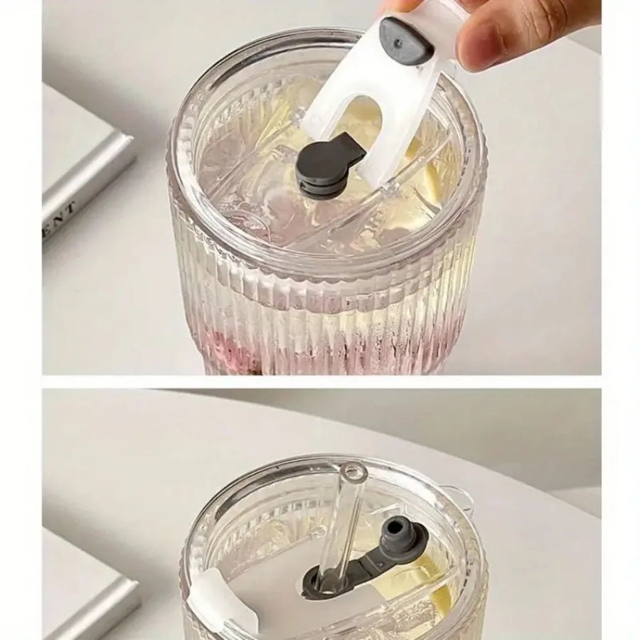 600ml Stripe Glass Cup with Lid & Straw