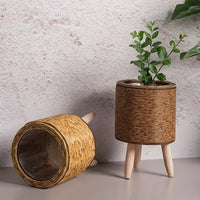 Rustic Rattan Planter with Wooden Legs — Woven Storage Basket | 4 Styles | Indoor & Outdoor