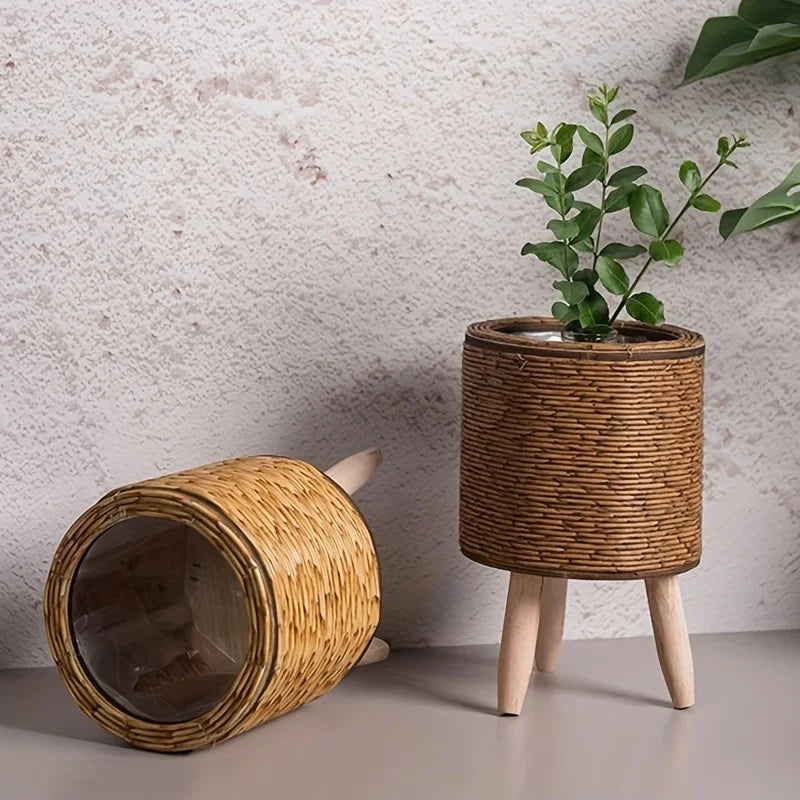 Rustic Rattan Planter with Wooden Legs — Woven Storage Basket | 4 Styles | Indoor & Outdoor