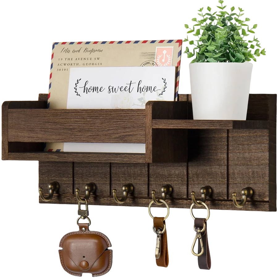 Rustic Wooden Wall Shelf with Key Hooks & Mail Sorter — Entryway & Living Room Organiser