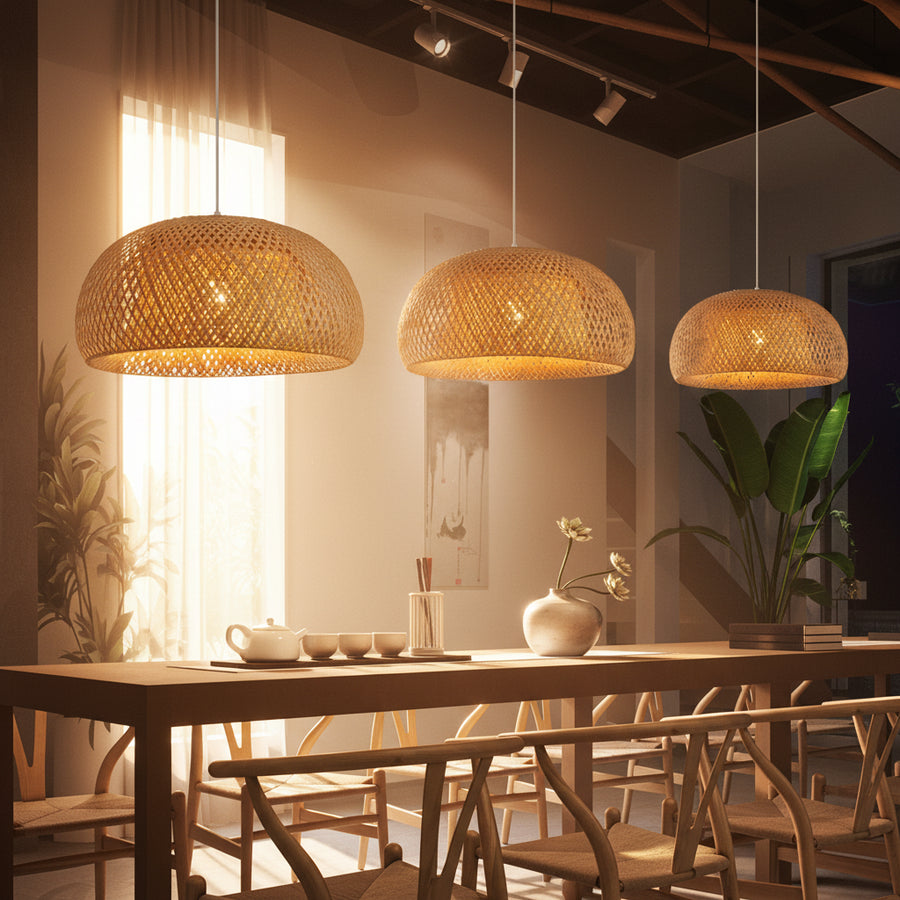 Hand-Woven Bamboo Lantern Pendant Lamp — Natural Rattan | E27 LED | 3 Finishes | Warm or White Light