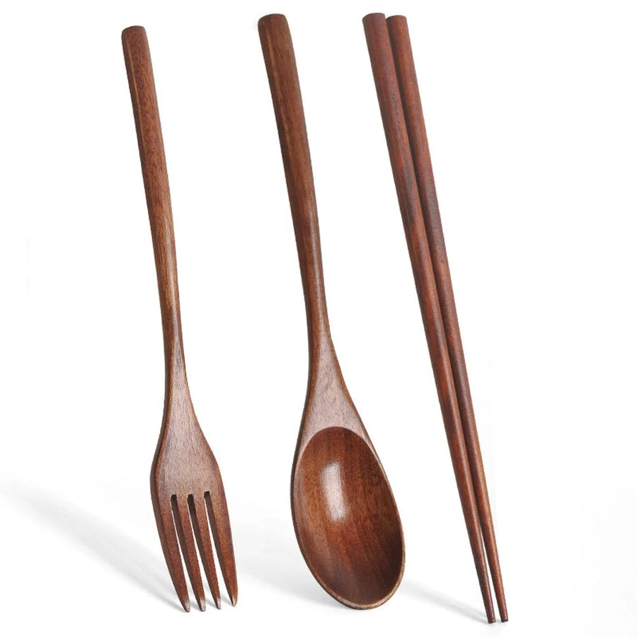 3-Piece Natural Wood Tableware Set — Spoon, Chopsticks & Fork | Travel & Home