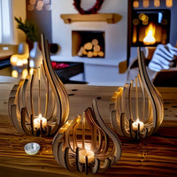 Flame-Shaped Layered Wood Candle Holder | Natural Wood | S, M, L & Set of 3