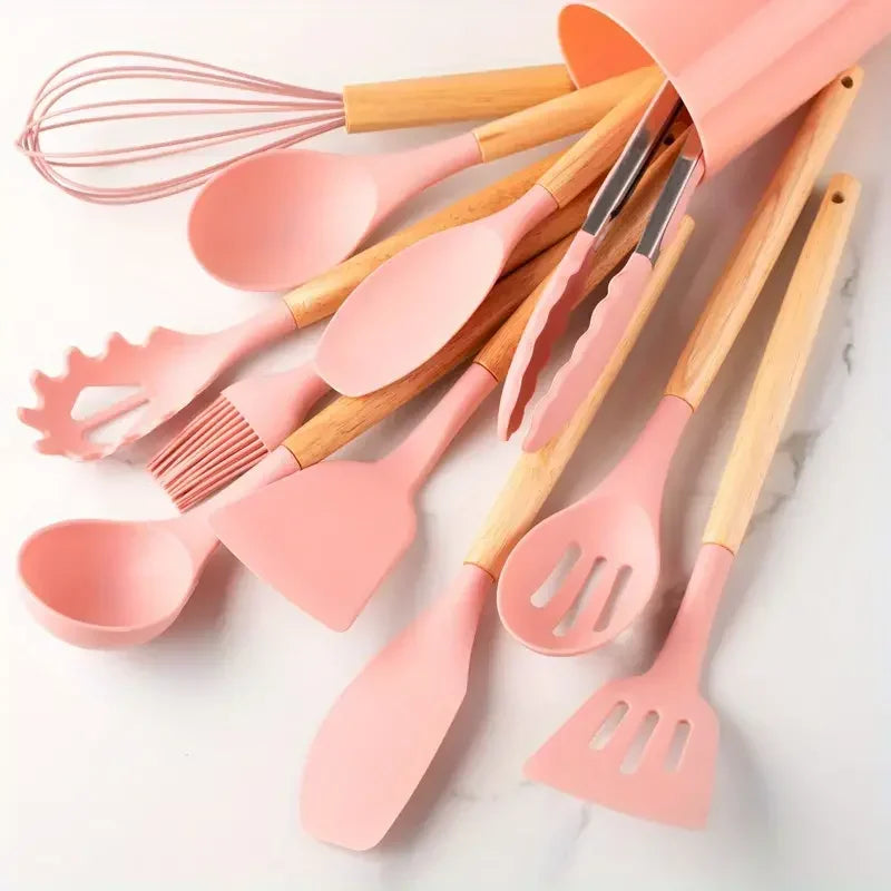 12-Piece Silicone & Wooden-Handle Kitchenware Set — Heat-Resistant | Non-Stick Safe
