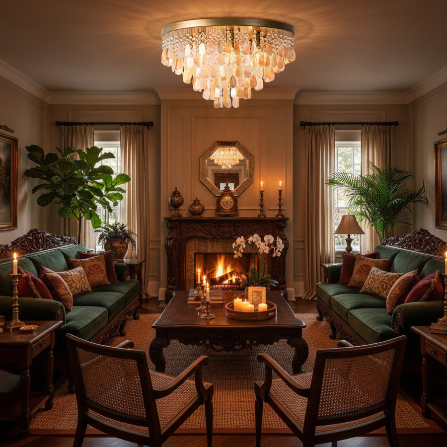 Luxury Crystal & Shell Chandelier — LED | Dimmable | 2 Sizes | Coffee or Gold Frame