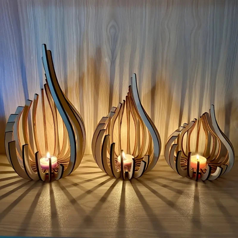 Flame-Shaped Layered Wood Candle Holder | Natural Wood | S, M, L & Set of 3