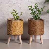 Rustic Rattan Planter with Wooden Legs — Woven Storage Basket | 4 Styles | Indoor & Outdoor