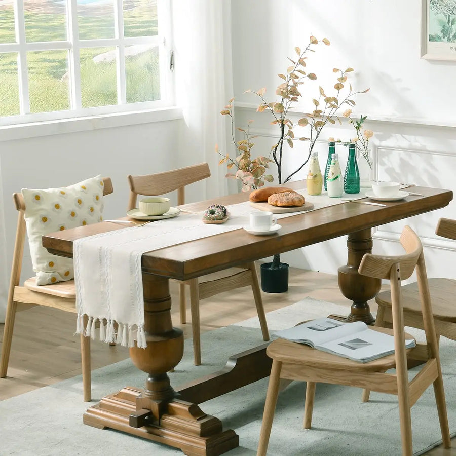 Linen Table Runner with Tassels | Hemstitched | Green, Ivory & Coffee | Multiple Sizes
