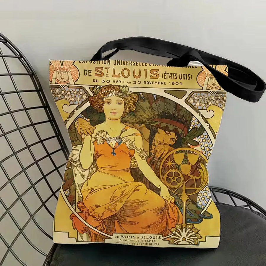 Mucha Series Art Canvas Tote Bag — Double-Sided Print | Eco-Friendly | 12 Designs | 4 Sizes
