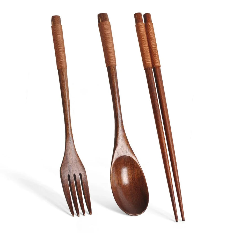 3-Piece Natural Wood Tableware Set — Spoon, Chopsticks & Fork | Travel & Home