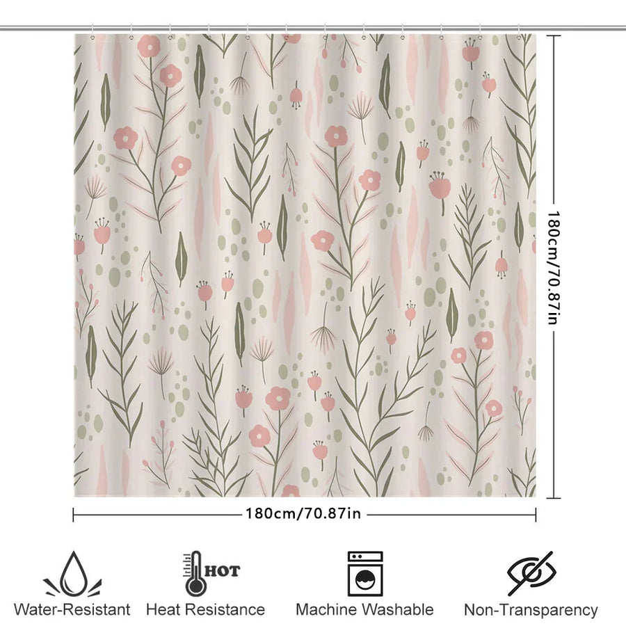 Elegant Floral Shower Curtain — Pink & Green 3D Print | Waterproof Polyester | 15 Sizes