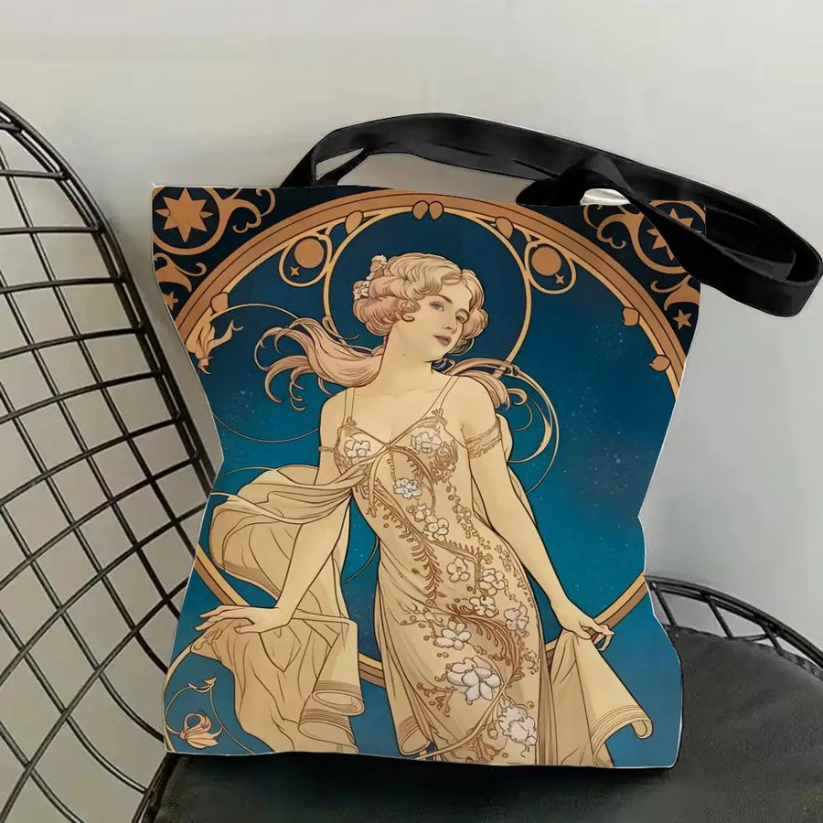 Mucha Series Art Canvas Tote Bag — Double-Sided Print | Eco-Friendly | 12 Designs | 4 Sizes