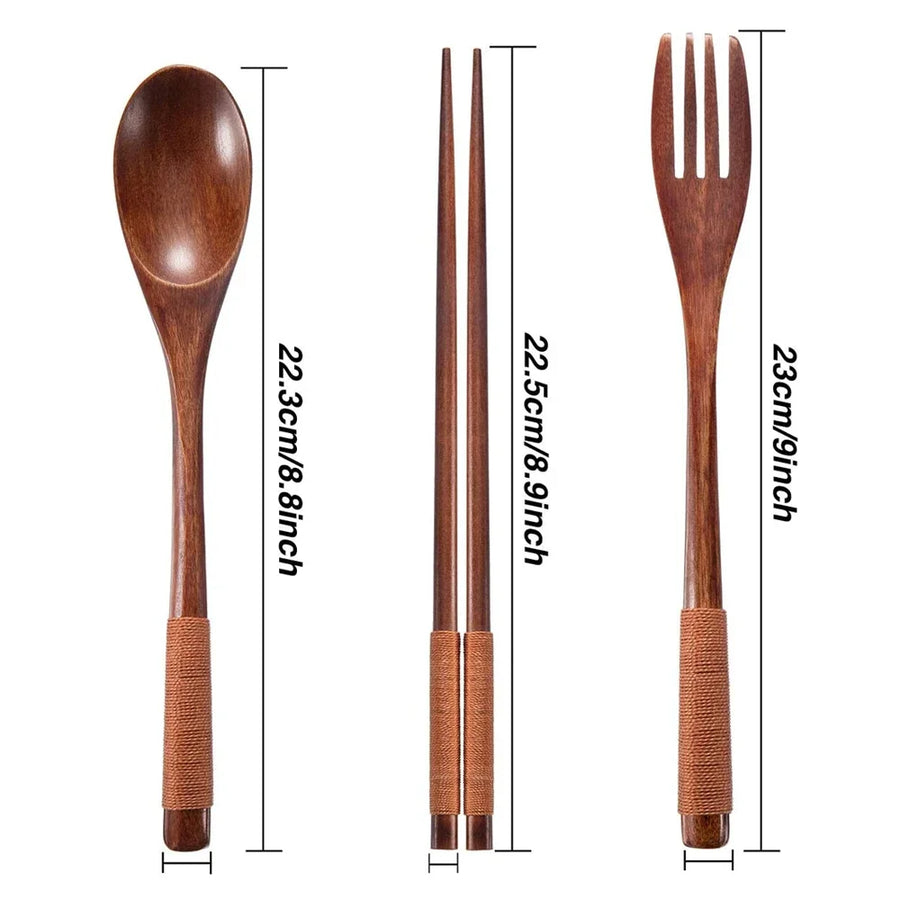 3-Piece Natural Wood Tableware Set — Spoon, Chopsticks & Fork | Travel & Home