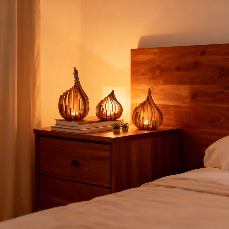 Flame-Shaped Layered Wood Candle Holder | Natural Wood | S, M, L & Set of 3