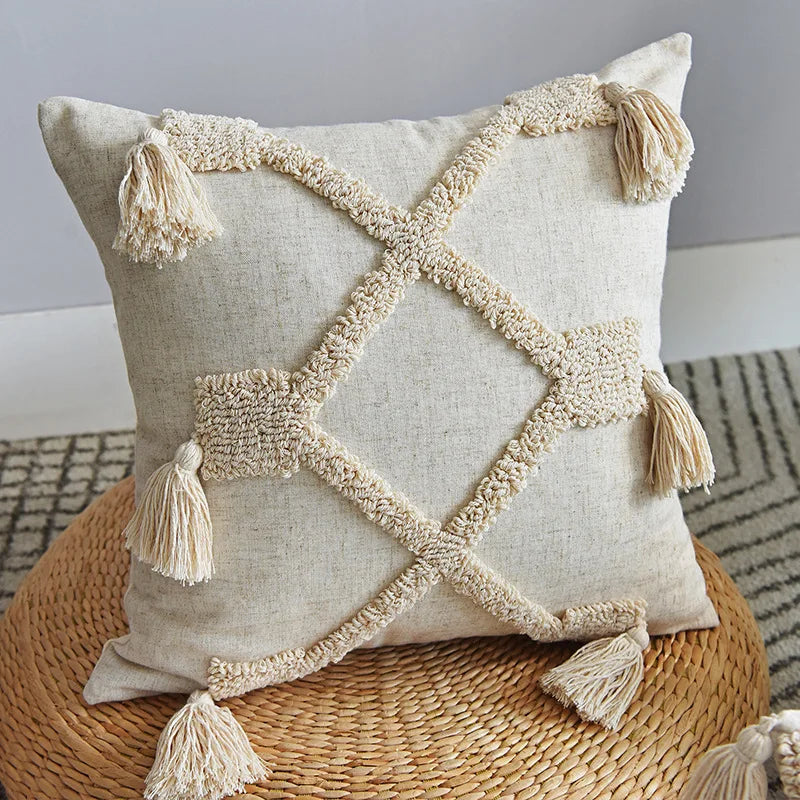 Boho Hand-Tufted Geometric Cushion Cover with Tassels — Cotton Linen | 8 Styles | 2 Sizes
