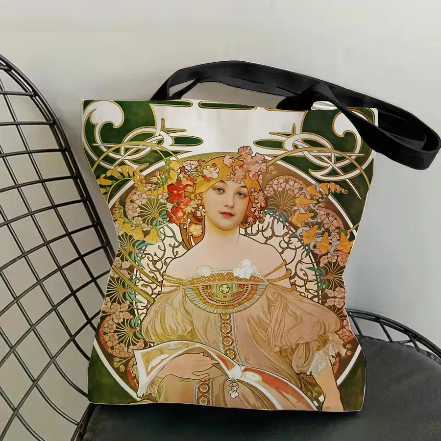 Mucha Series Art Canvas Tote Bag — Double-Sided Print | Eco-Friendly | 12 Designs | 4 Sizes