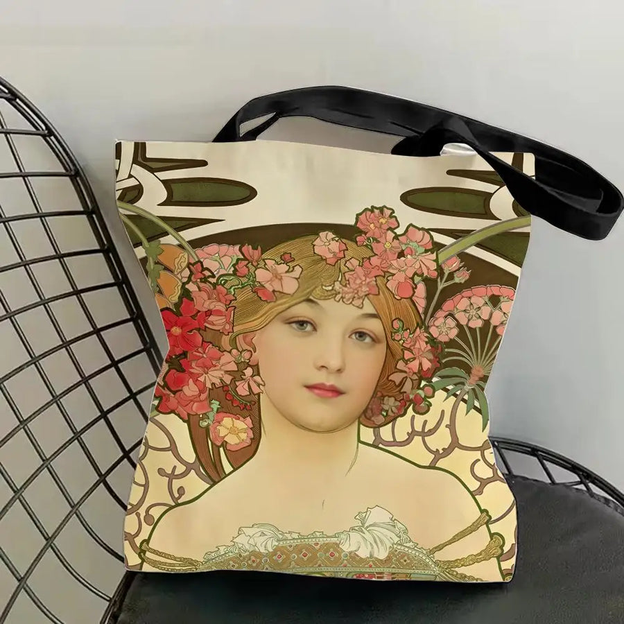 Mucha Series Art Canvas Tote Bag — Double-Sided Print | Eco-Friendly | 12 Designs | 4 Sizes