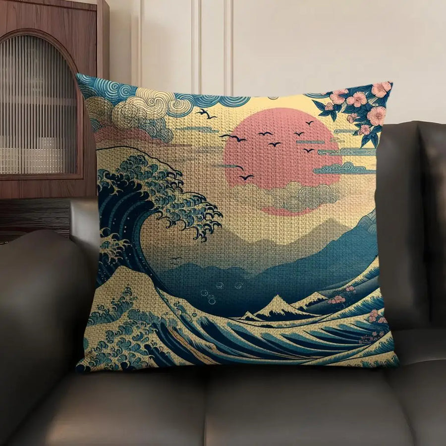 Japanese Art Cushion Cover — Natural Linen | Double-Sided Print