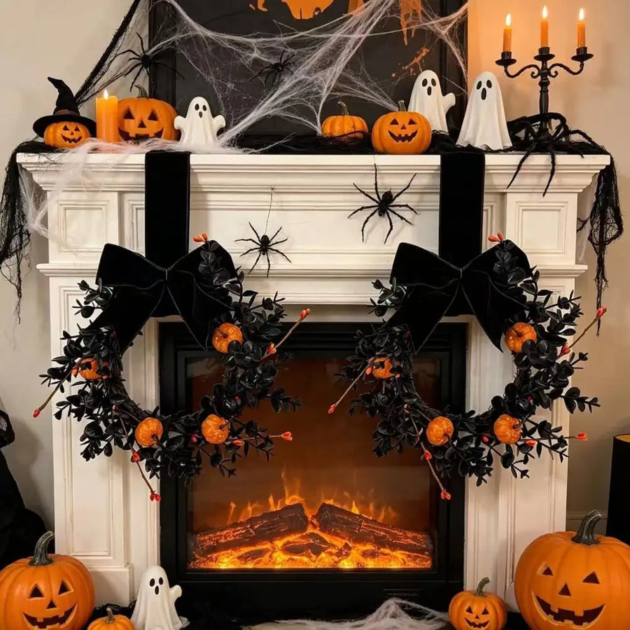 Black Halloween Wreath with Velvet Bow