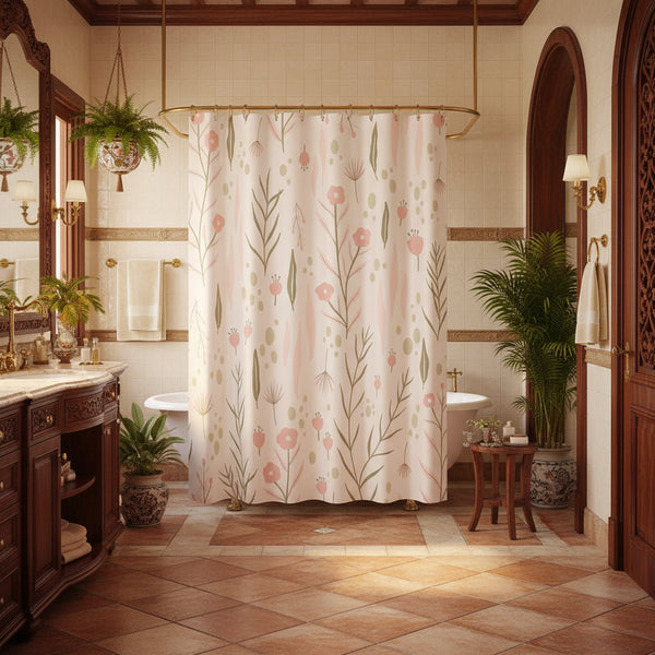 Elegant Floral Shower Curtain — Pink & Green 3D Print | Waterproof Polyester | 15 Sizes