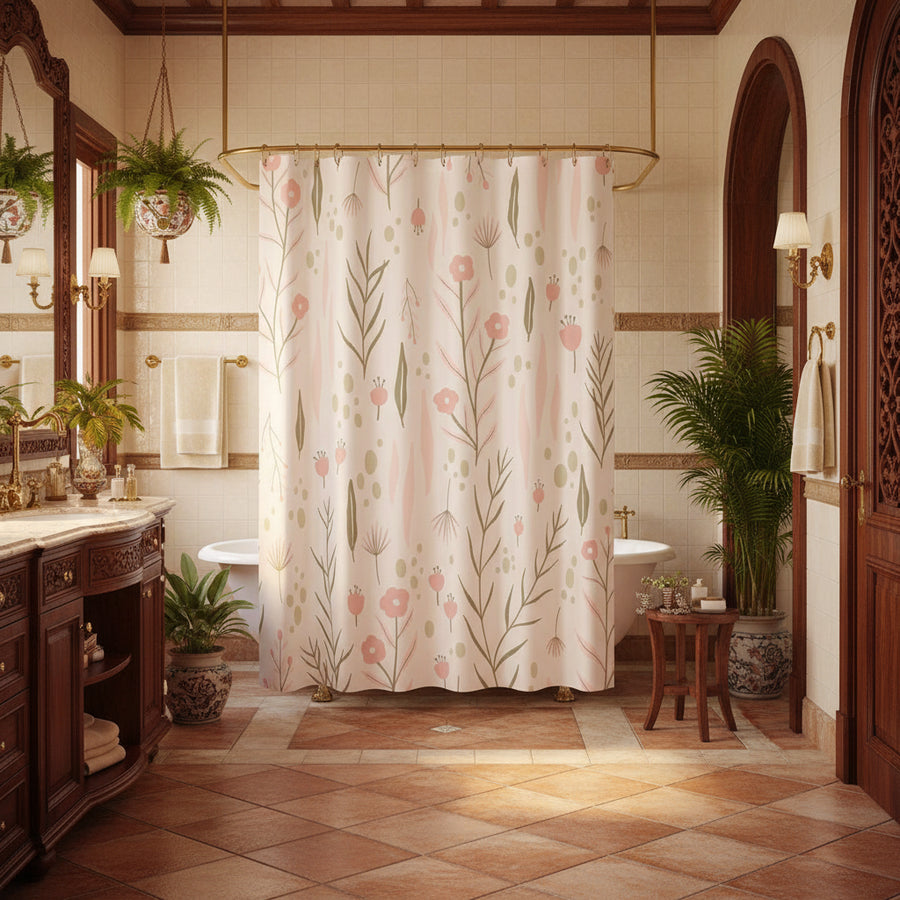Elegant Floral Shower Curtain — Pink & Green 3D Print | Waterproof Polyester | 15 Sizes