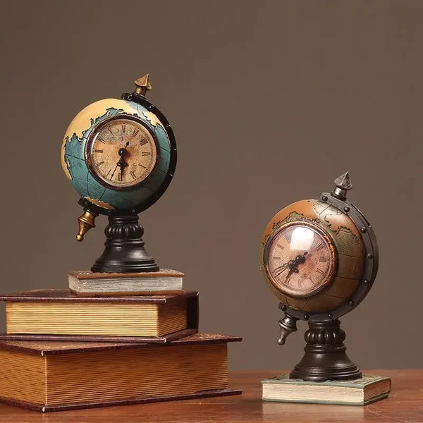 Vintage Clock Globe Desktop Ornament — Resin | Tabletop Decor | Yellow & Blue