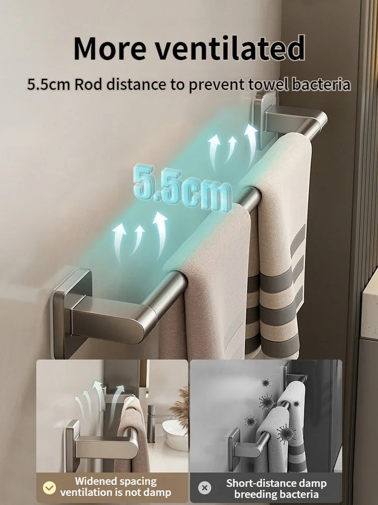 No-Drill Adhesive Towel Bar — Grey, 30–80cm