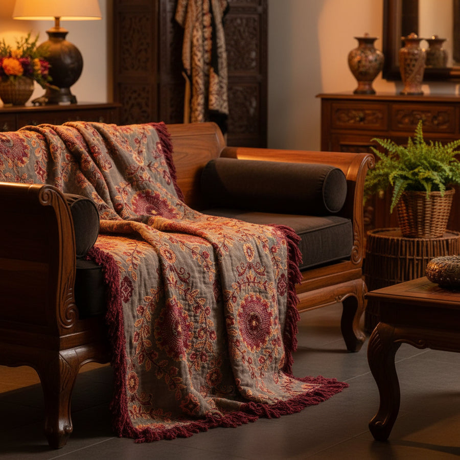Cotton Floral Tassel Throw Blanket — Bohemian, 6 Colours, 3 Sizes
