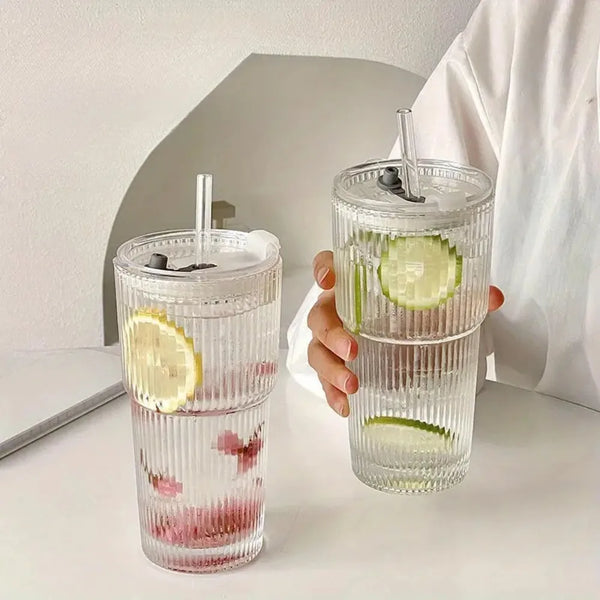 600ml Stripe Glass Cup with Lid & Straw