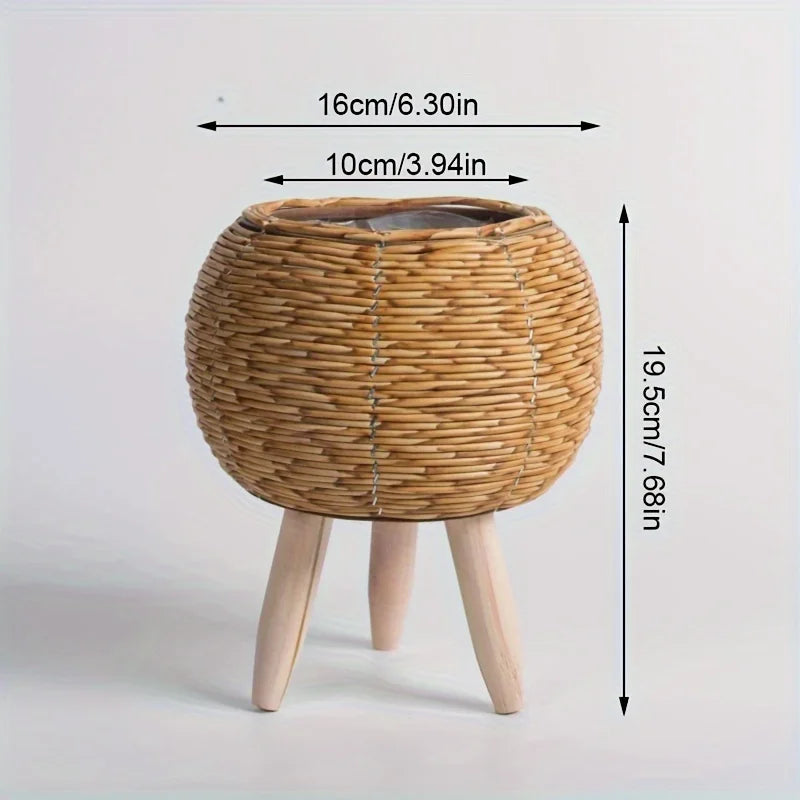 Rustic Rattan Planter with Wooden Legs — Woven Storage Basket | 4 Styles | Indoor & Outdoor