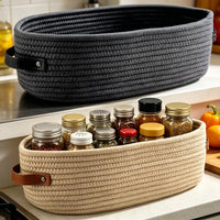 Handwoven Cotton Rope Storage Baskets | Set of 2 | Leather Handles