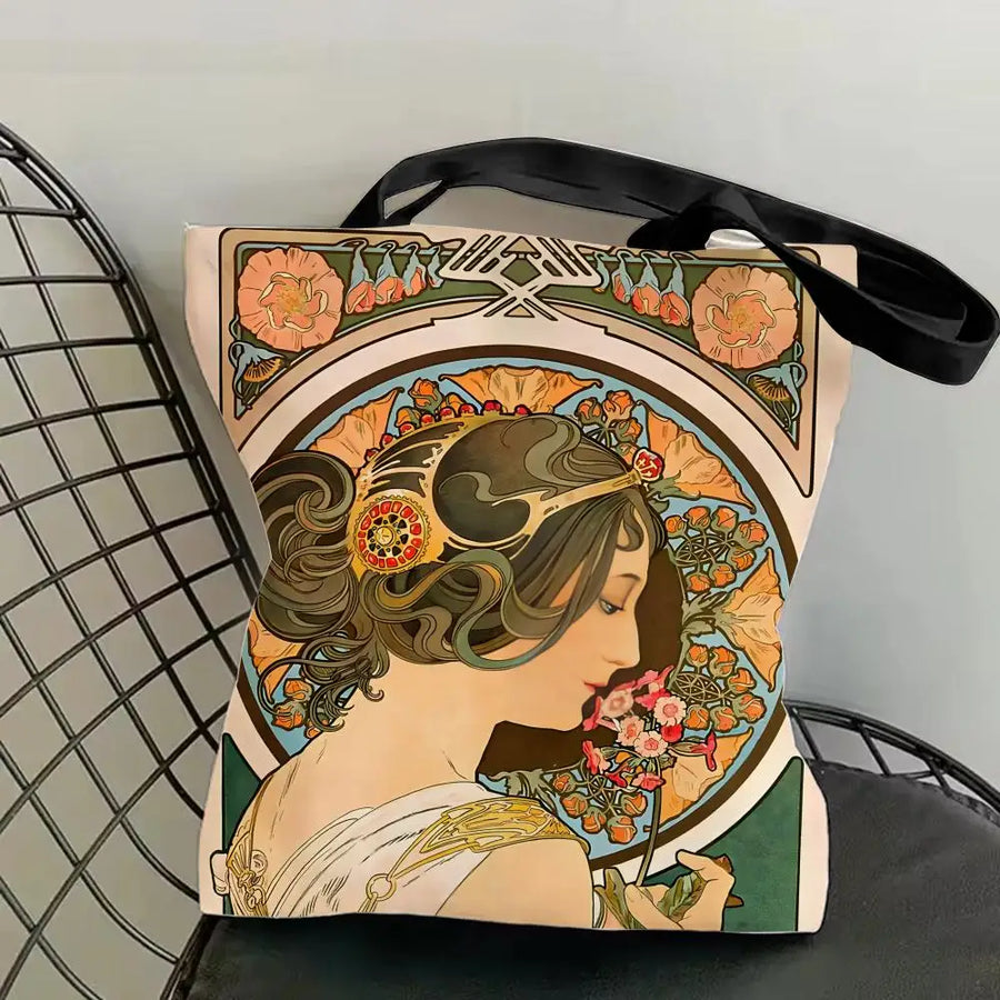 Mucha Series Art Canvas Tote Bag — Double-Sided Print | Eco-Friendly | 12 Designs | 4 Sizes