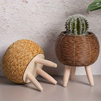 Rustic Rattan Planter with Wooden Legs — Woven Storage Basket | 4 Styles | Indoor & Outdoor
