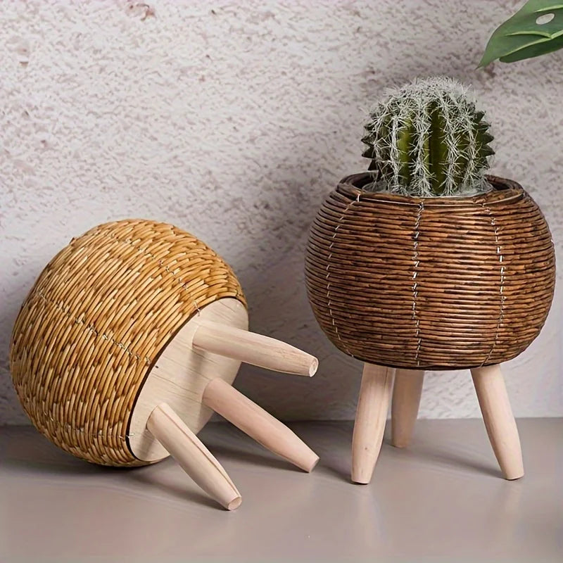 Rustic Rattan Planter with Wooden Legs — Woven Storage Basket | 4 Styles | Indoor & Outdoor