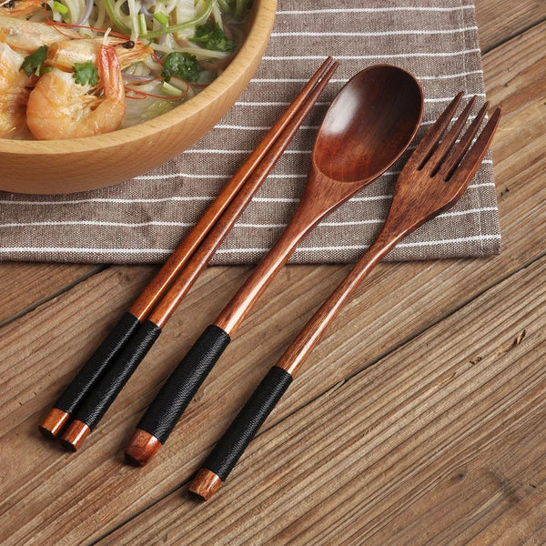 3-Piece Natural Wood Tableware Set — Spoon, Chopsticks & Fork | Travel & Home