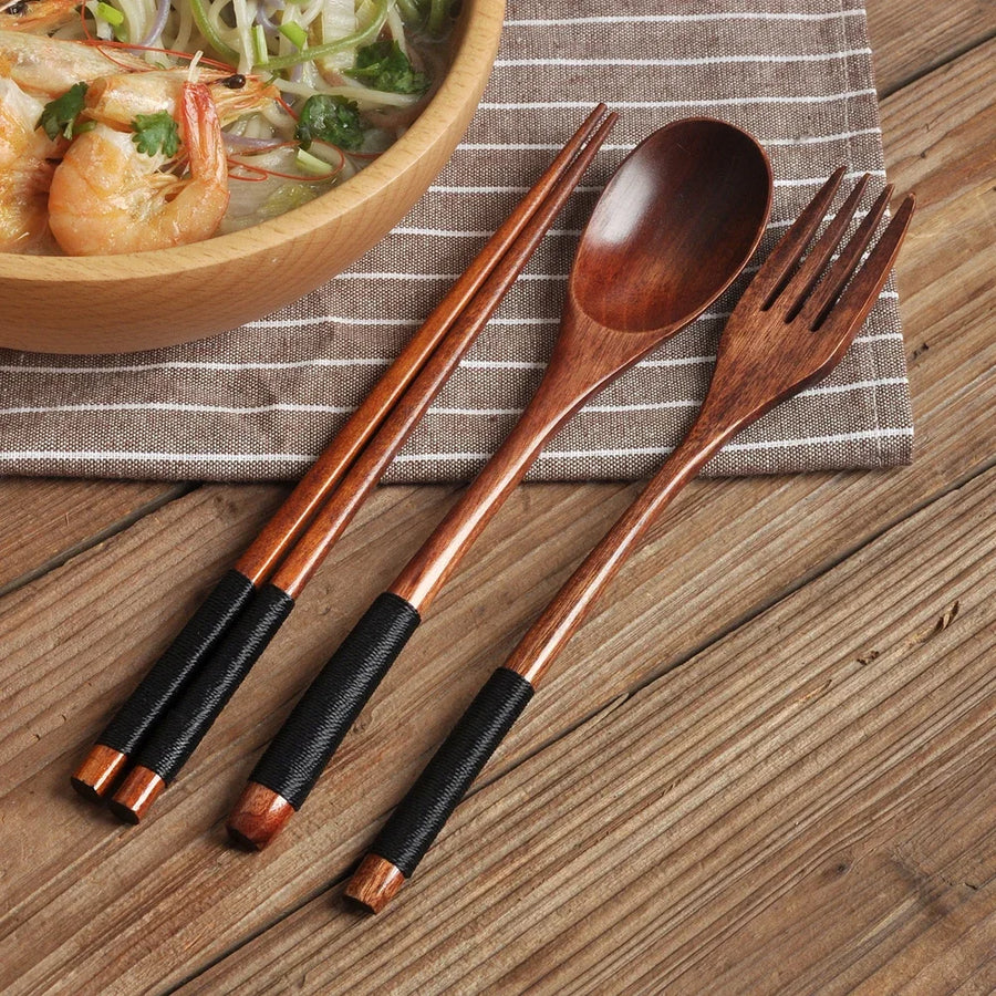 3-Piece Natural Wood Tableware Set — Spoon, Chopsticks & Fork | Travel & Home