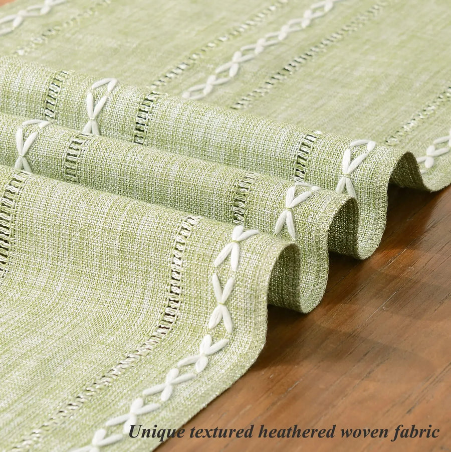 Linen Table Runner with Tassels | Hemstitched | Green, Ivory & Coffee | Multiple Sizes