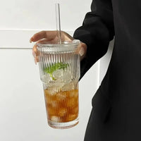 600ml Stripe Glass Cup with Lid & Straw