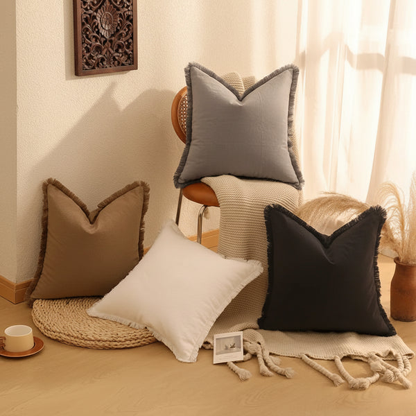 Cotton Tassel Cushion Cover — Solid Colour, 12 Colours, 4 Sizes