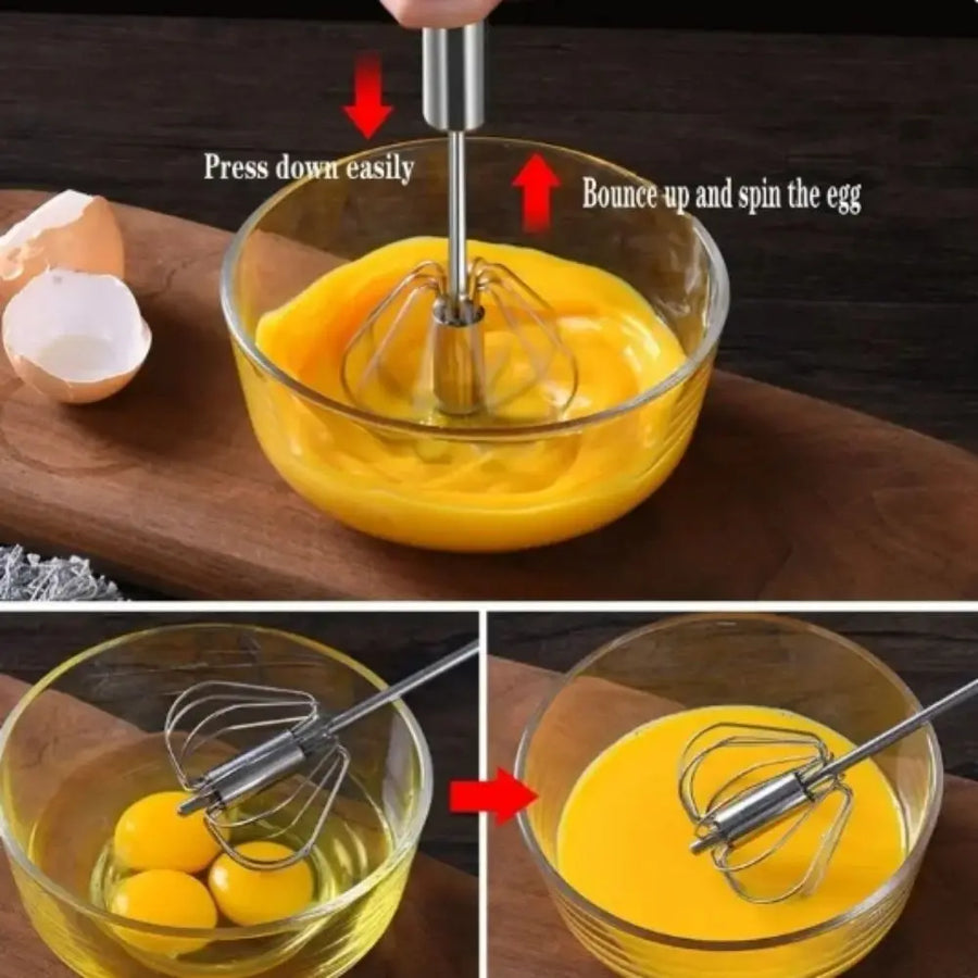 Stainless Steel Rotary Whisk — Semi-Automatic Press & Spin, Small / Medium / Large