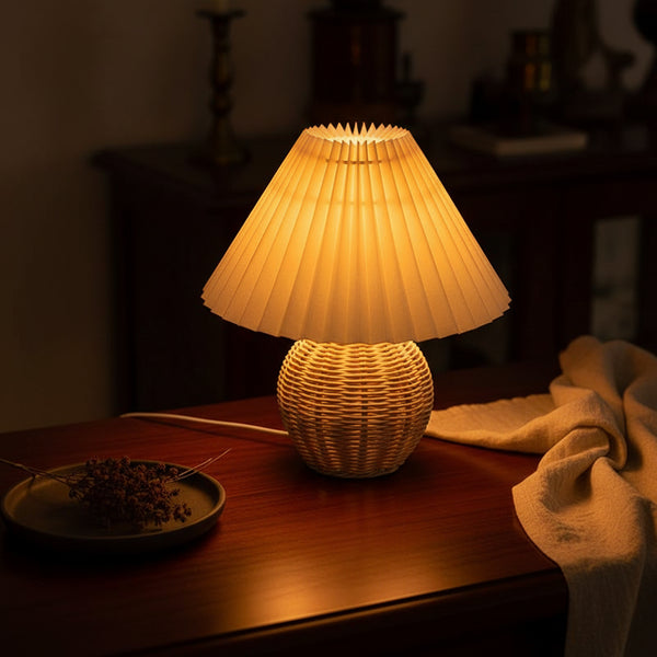 Pleated Rattan LED Table Lamp — USB Powered | Hand-Knitted | Warm, White or 3-Colour Dimmable