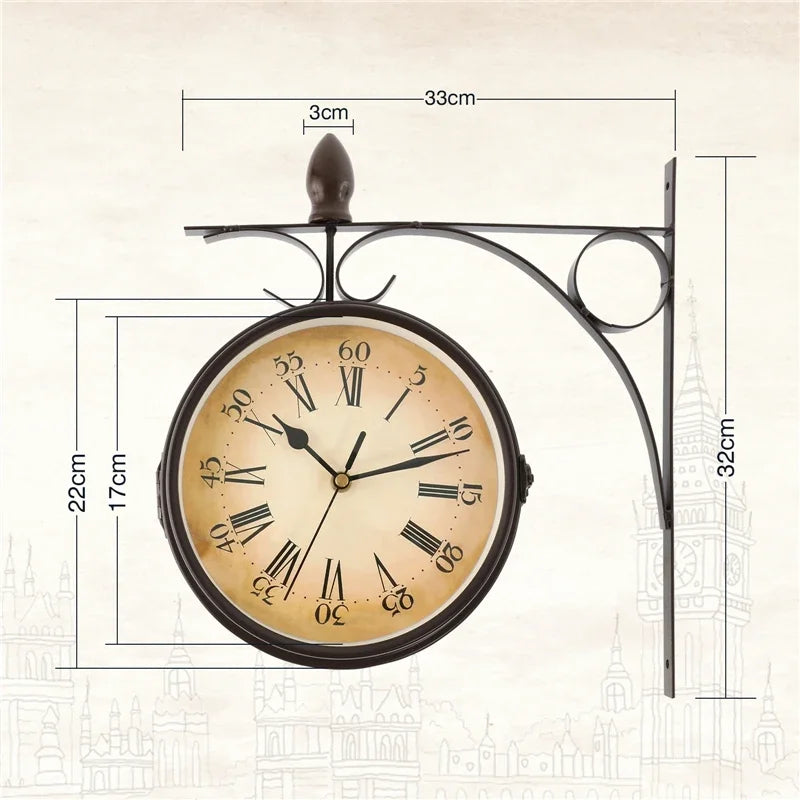 European Antique Double-Sided Wall Clock on Bracket — Silent | Iron | Indoor & Garden