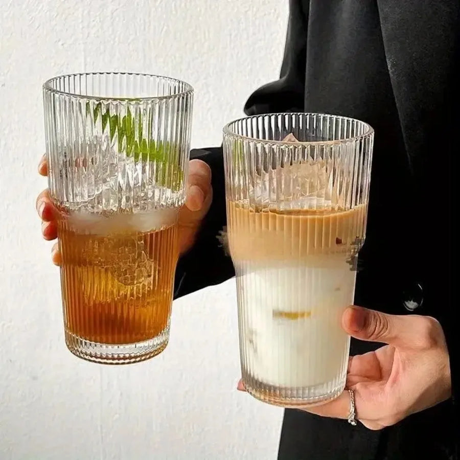 600ml Stripe Glass Cup with Lid & Straw