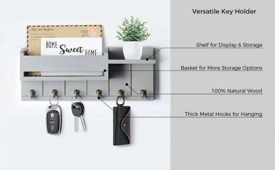 Rustic Wooden Wall Shelf with Key Hooks & Mail Sorter — Entryway & Living Room Organiser