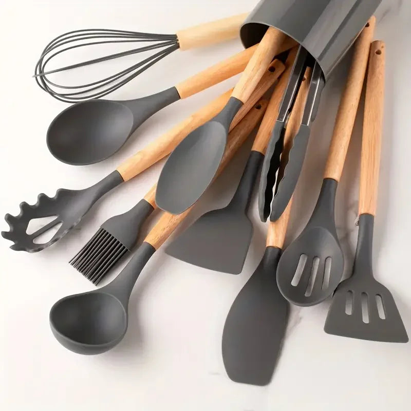 12-Piece Silicone & Wooden-Handle Kitchenware Set — Heat-Resistant | Non-Stick Safe