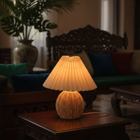Pleated Rattan LED Table Lamp — USB Powered | Hand-Knitted | Warm, White or 3-Colour Dimmable