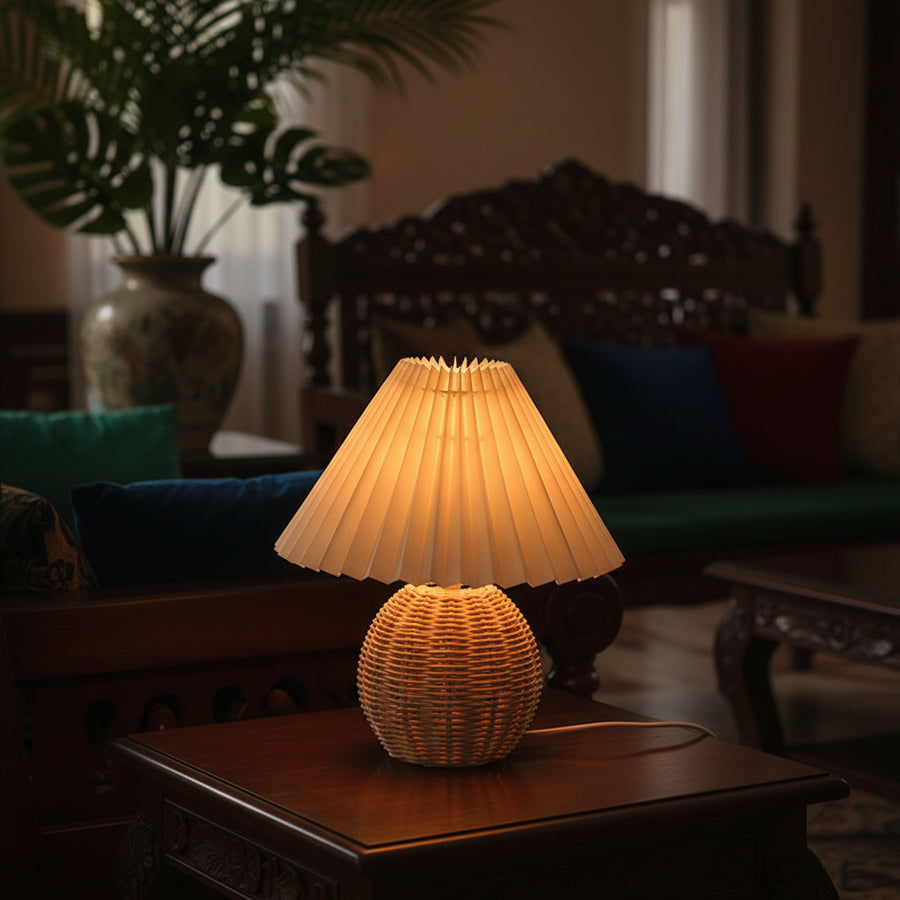 Pleated Rattan LED Table Lamp — USB Powered | Hand-Knitted | Warm, White or 3-Colour Dimmable