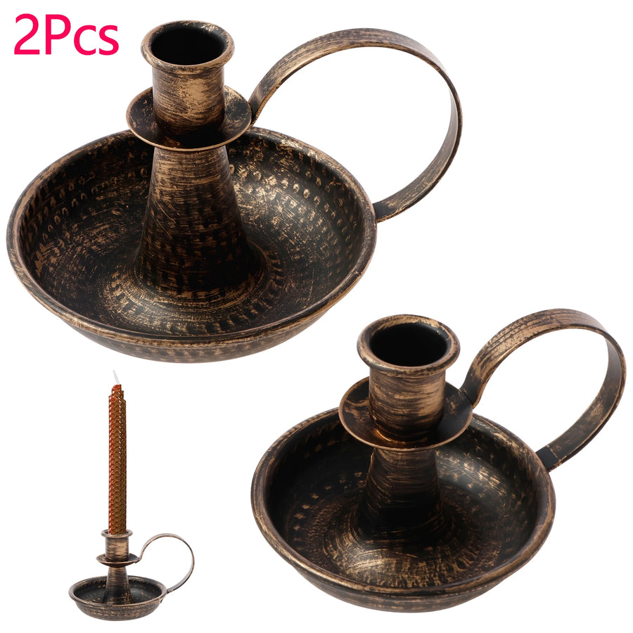 Iron Taper Candle Stand with Curved Handle — Retro | Set of 2 | Wedding & Home