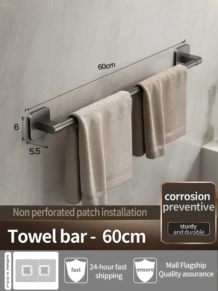 No-Drill Adhesive Towel Bar — Grey, 30–80cm